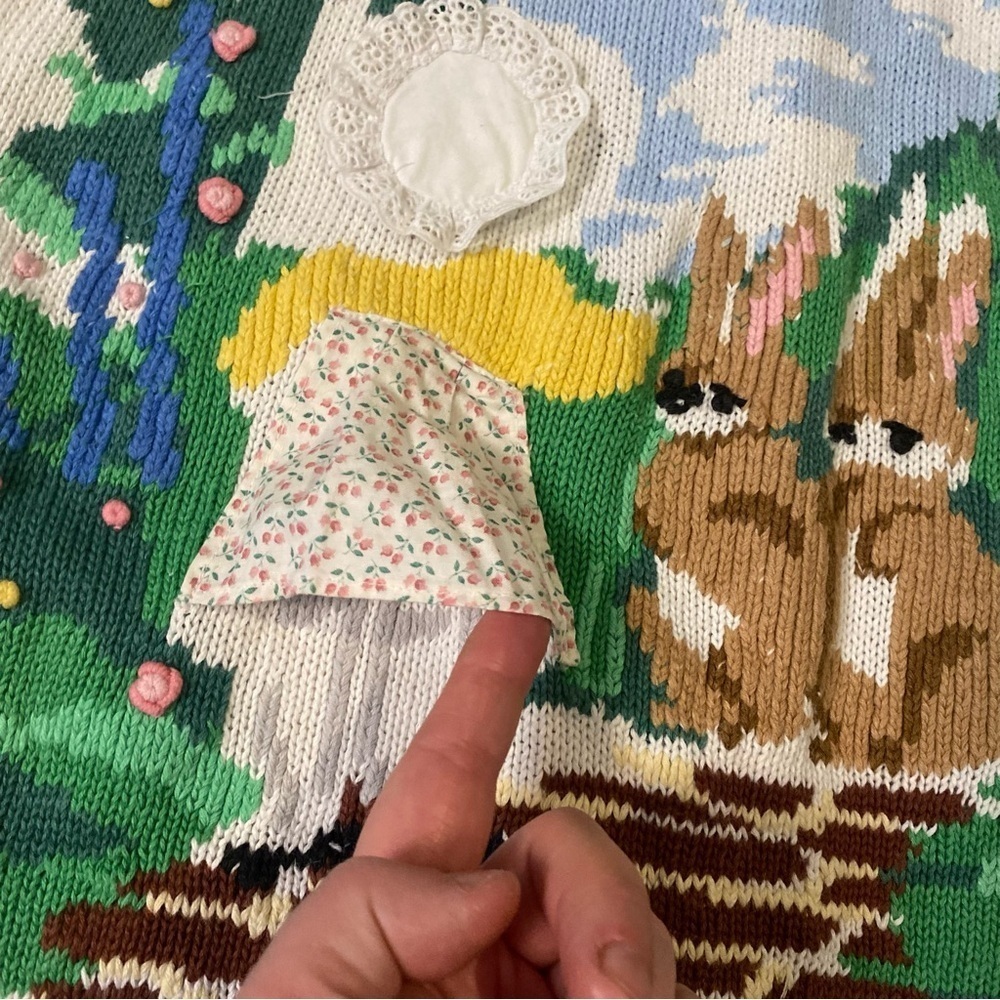 Vintage Eagleeyes Knit sweater Bunny Rabbit Spring time scene - Picture 8 of 11